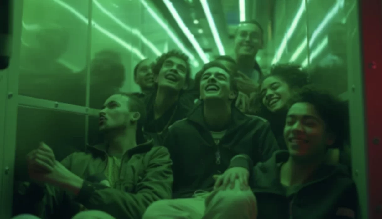 several young people laughing in a corridor